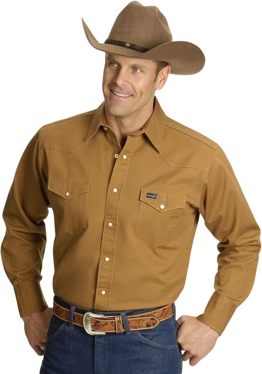 Wrangler Mens Cowboy Cut Firm Finish Long Sleeve Western Snap Solid Work Shirt