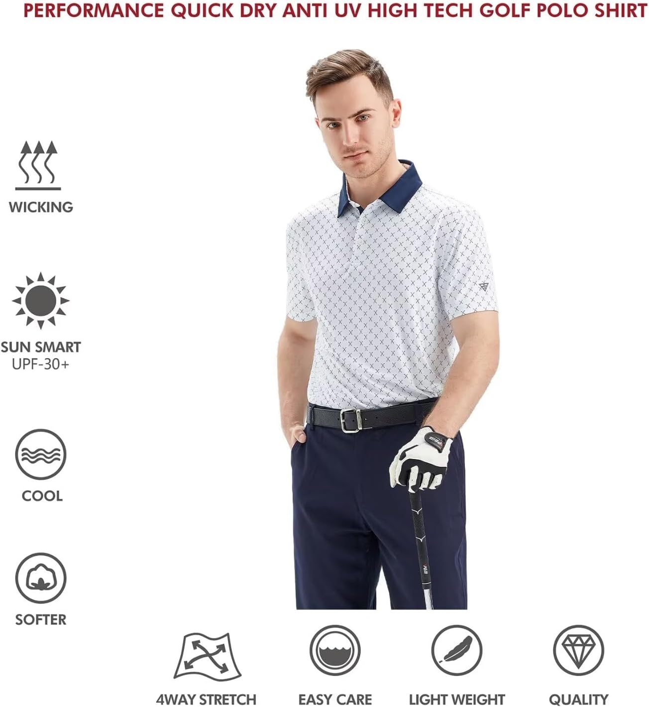 Men's Golf Polo Shirts Short Sleeve Striped Performance Moisture Wicking Dry Fit Golf Shirts for Men