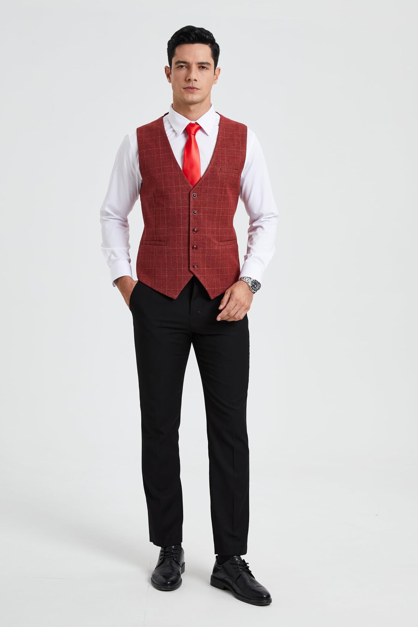 HISDERN Men's Suit Vest Plaid Dress Vest for Men Slim Fit Formal Business Waistcoat Tuxedo V-Ncek Solid Vest for Wedding