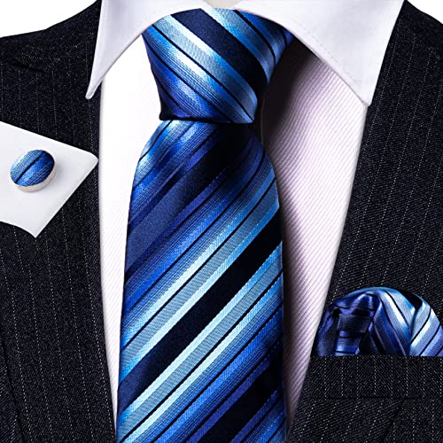 Barry.Wang Stripe Men Ties Set Classic WOVEN Necktie with Handkerchief Cufflinks Formal