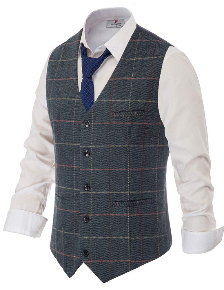 PJ PAUL JONES Men's Herringbone Tweed Suit Vest Casual Wool Blend Waistcoat