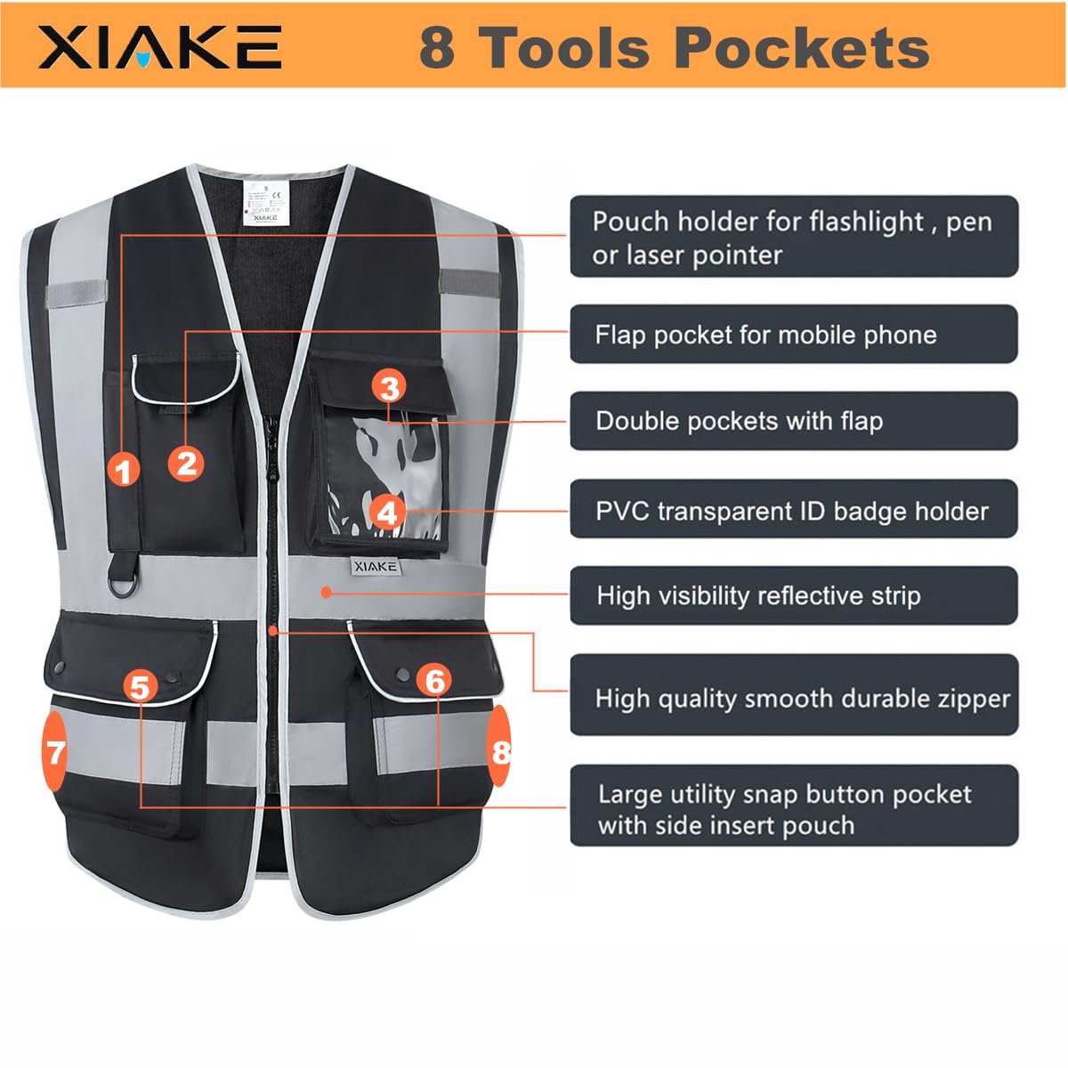 XIAKE Multiple Pockets Class 2 High Visibility Reflective Safety Vest Men Women Work Construction Vest Meets ANSI Standards