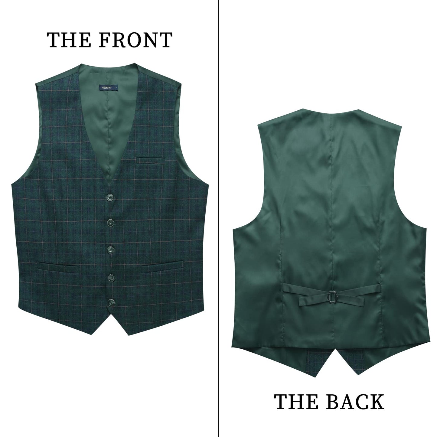 HISDERN Men's Suit Vest Plaid Dress Vest for Men Slim Fit Formal Business Waistcoat Tuxedo V-Ncek Solid Vest for Wedding