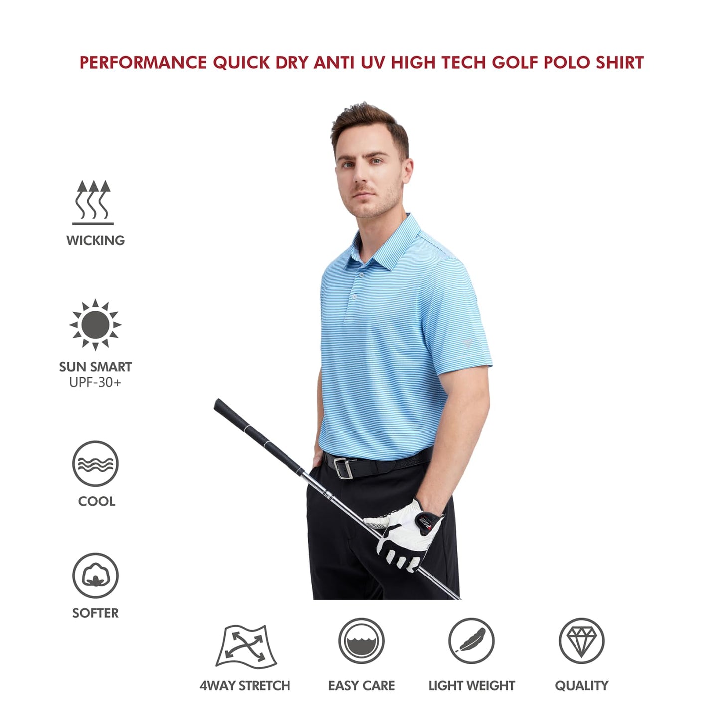 Men's Golf Polo Shirts Short Sleeve Striped Performance Moisture Wicking Dry Fit Golf Shirts for Men