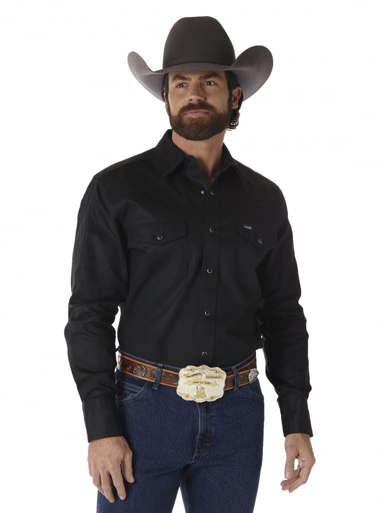 Wrangler Mens Cowboy Cut Firm Finish Long Sleeve Western Snap Solid Work Shirt