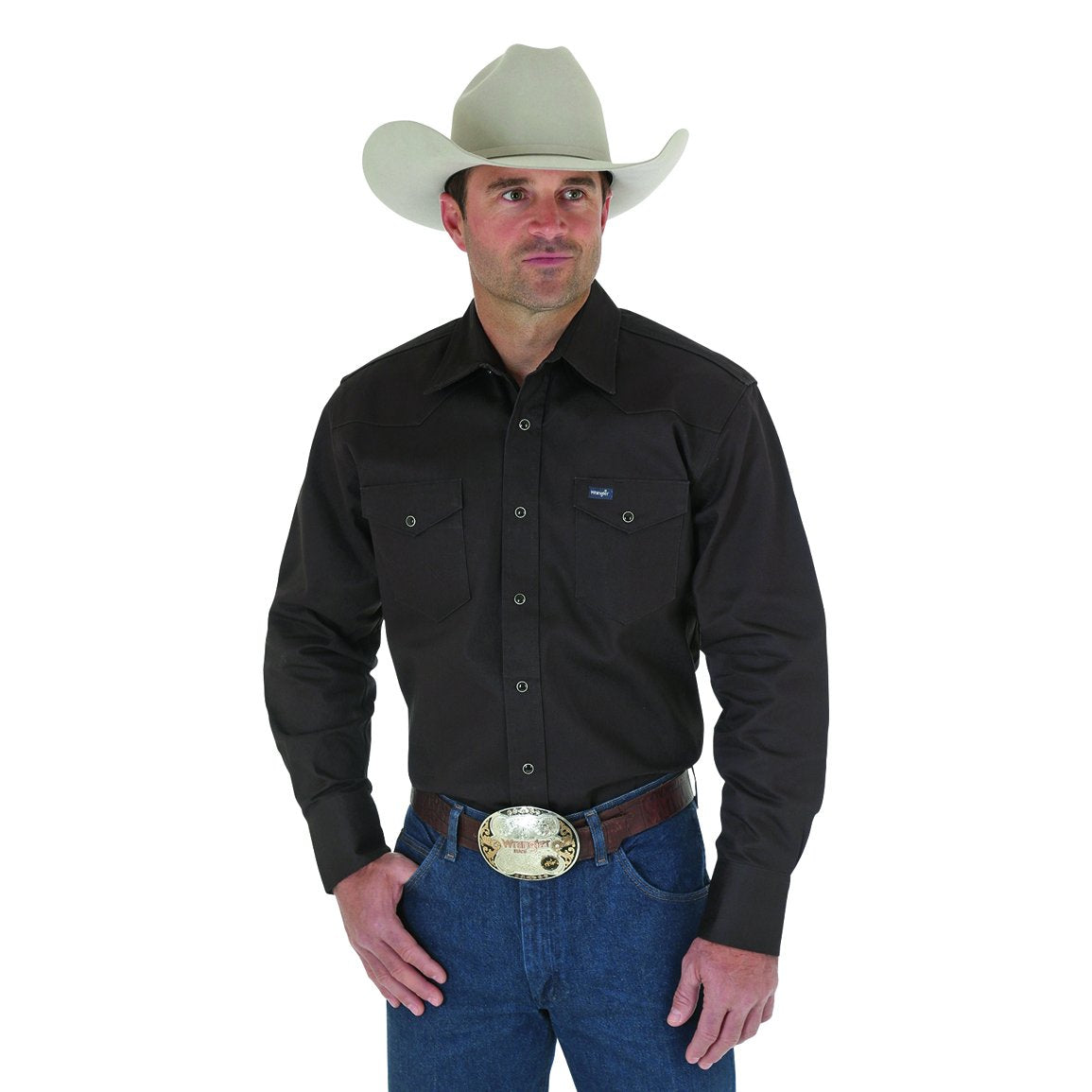 Wrangler Mens Cowboy Cut Firm Finish Long Sleeve Western Snap Solid Work Shirt