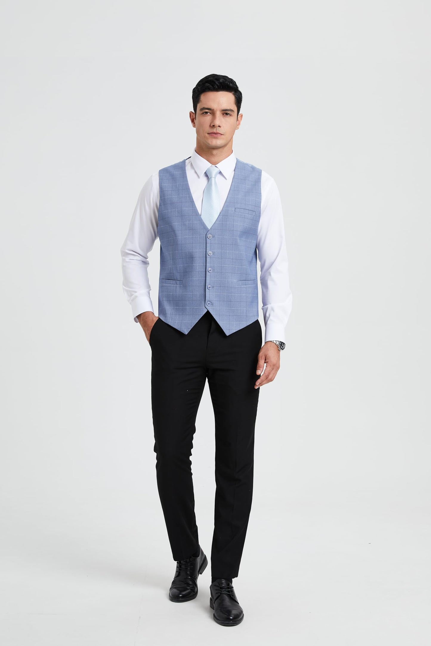 HISDERN Men's Suit Vest Plaid Dress Vest for Men Slim Fit Formal Business Waistcoat Tuxedo V-Ncek Solid Vest for Wedding