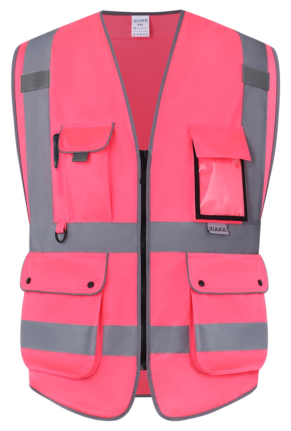 XIAKE Multiple Pockets Class 2 High Visibility Reflective Safety Vest Men Women Work Construction Vest Meets ANSI Standards