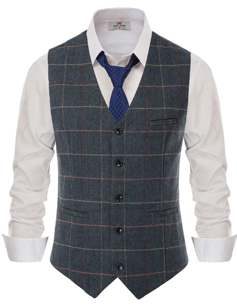 PJ PAUL JONES Men's Herringbone Tweed Suit Vest Casual Wool Blend Waistcoat