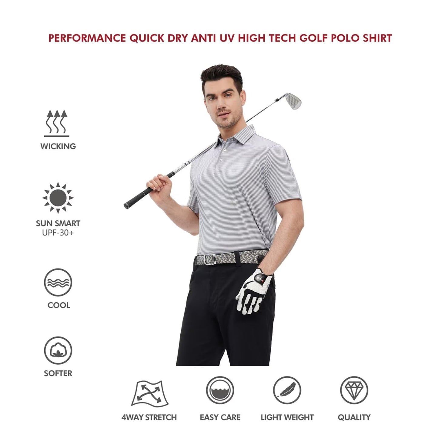 Men's Golf Polo Shirts Short Sleeve Striped Performance Moisture Wicking Dry Fit Golf Shirts for Men