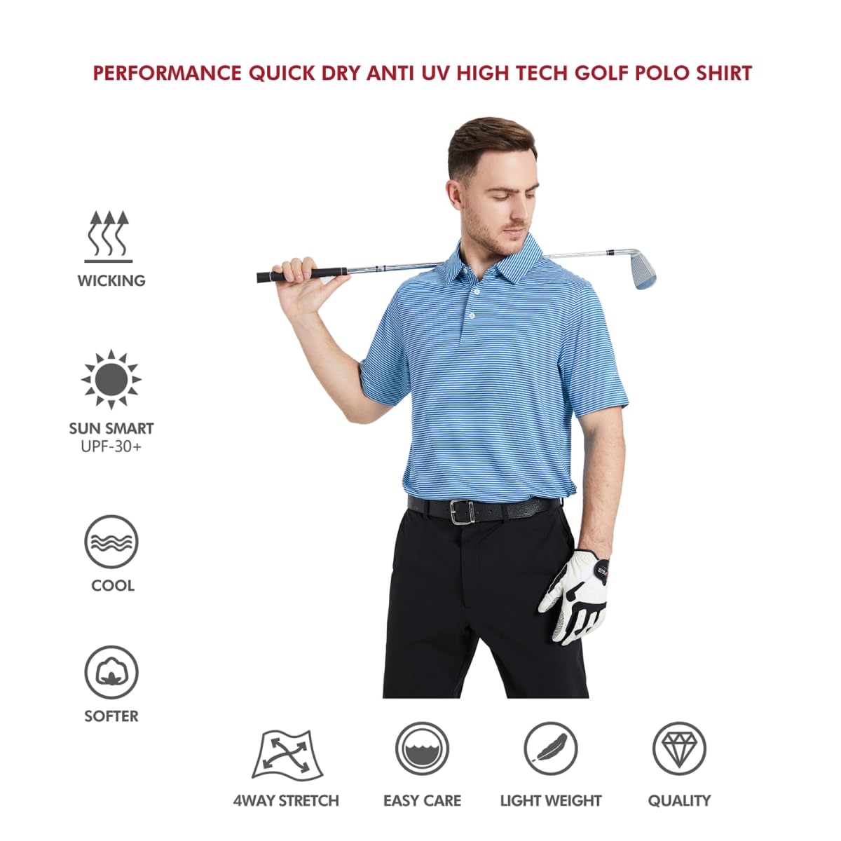 Men's Golf Polo Shirts Short Sleeve Striped Performance Moisture Wicking Dry Fit Golf Shirts for Men