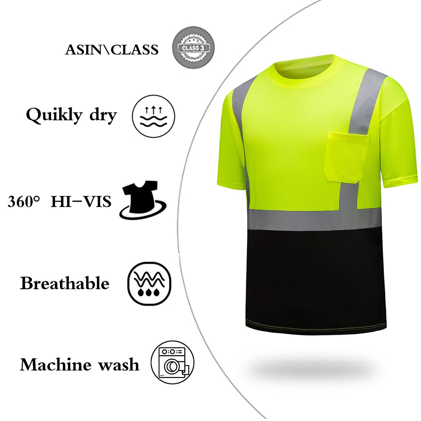 High Visibility Shirts Quick Dry Safety T Shirts with Reflective Strips and Pocket Short Sleeve Mesh Hi Vis Construction Work Class 2 Shirt for Men/Women Black Bottom Lime,Medium