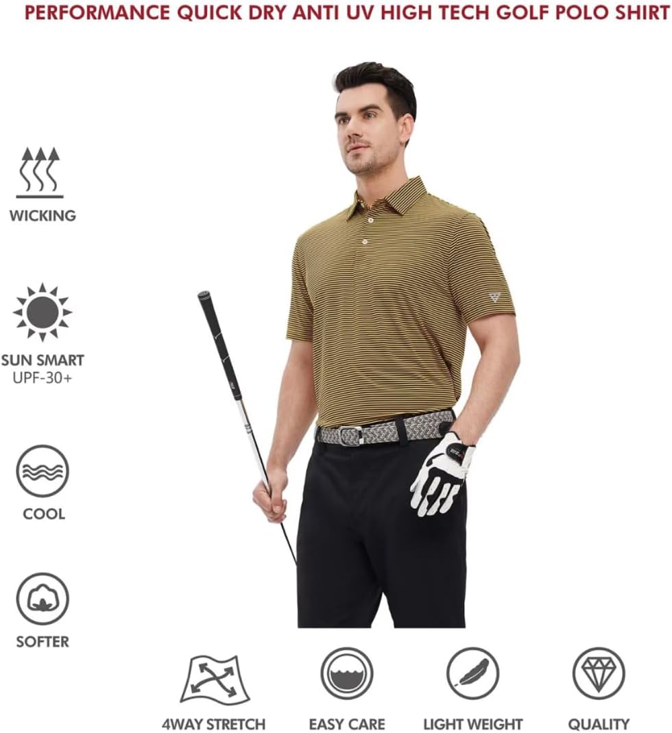 Men's Golf Polo Shirts Short Sleeve Striped Performance Moisture Wicking Dry Fit Golf Shirts for Men