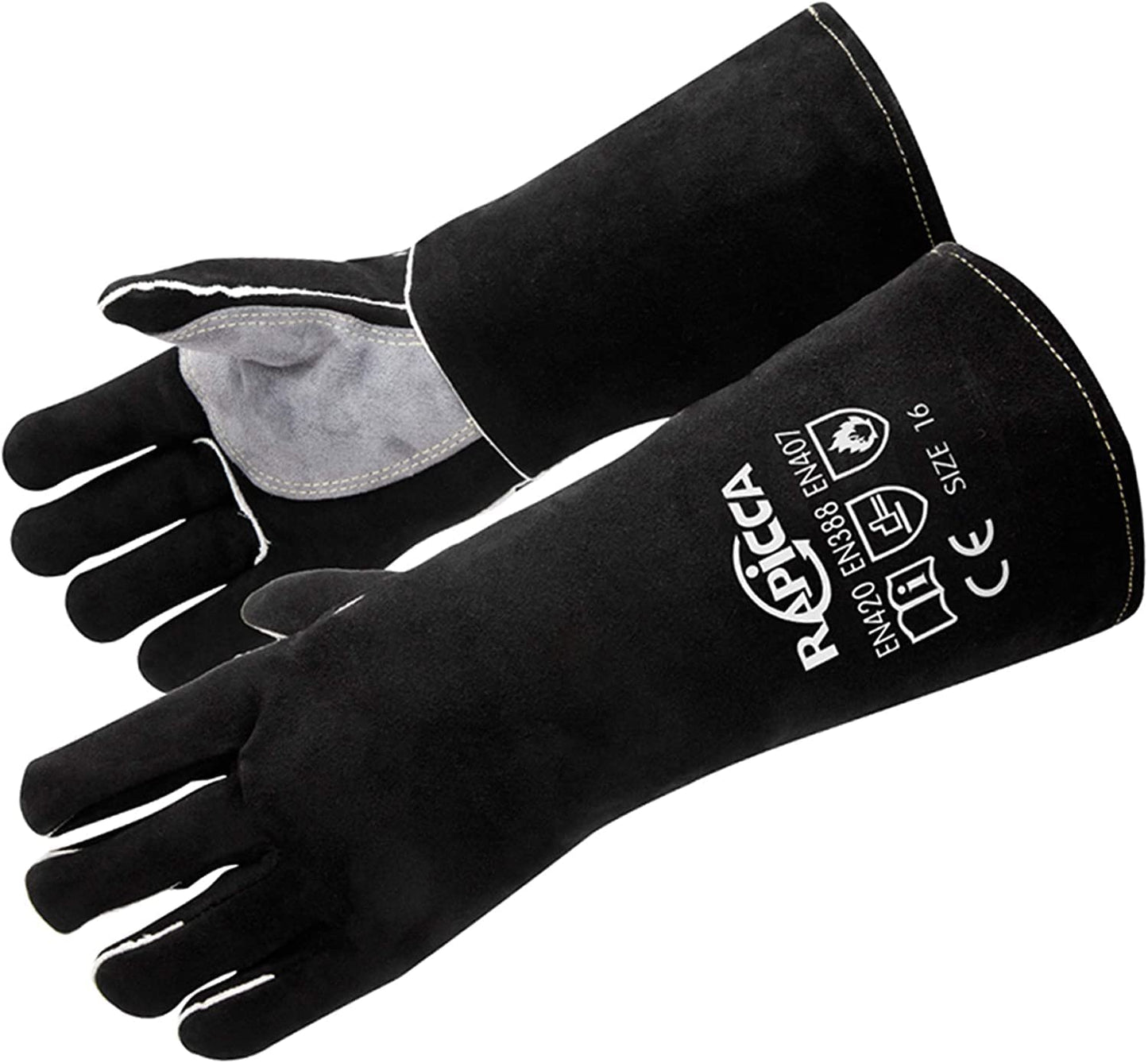 RAPICCA Fireplace Gloves Fire Heat Resistant: Dark-Grey 16IN 932℉ - Fireproof Leather for Fireplace Fire pit Wood stove Campfire Furnace BBQ Grill Stick Mig Welding Welder Gear - one size