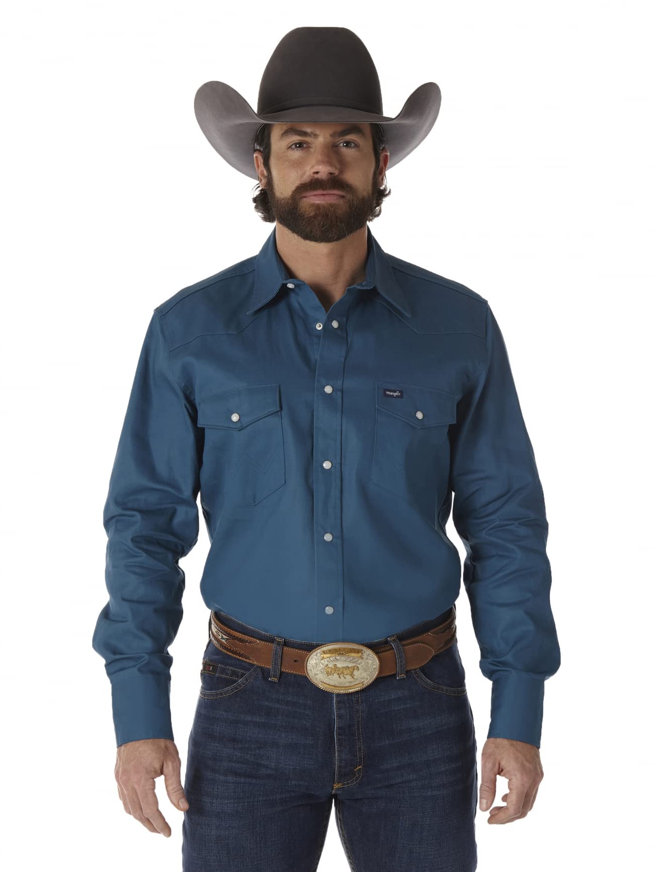 Wrangler Mens Cowboy Cut Firm Finish Long Sleeve Western Snap Solid Work Shirt