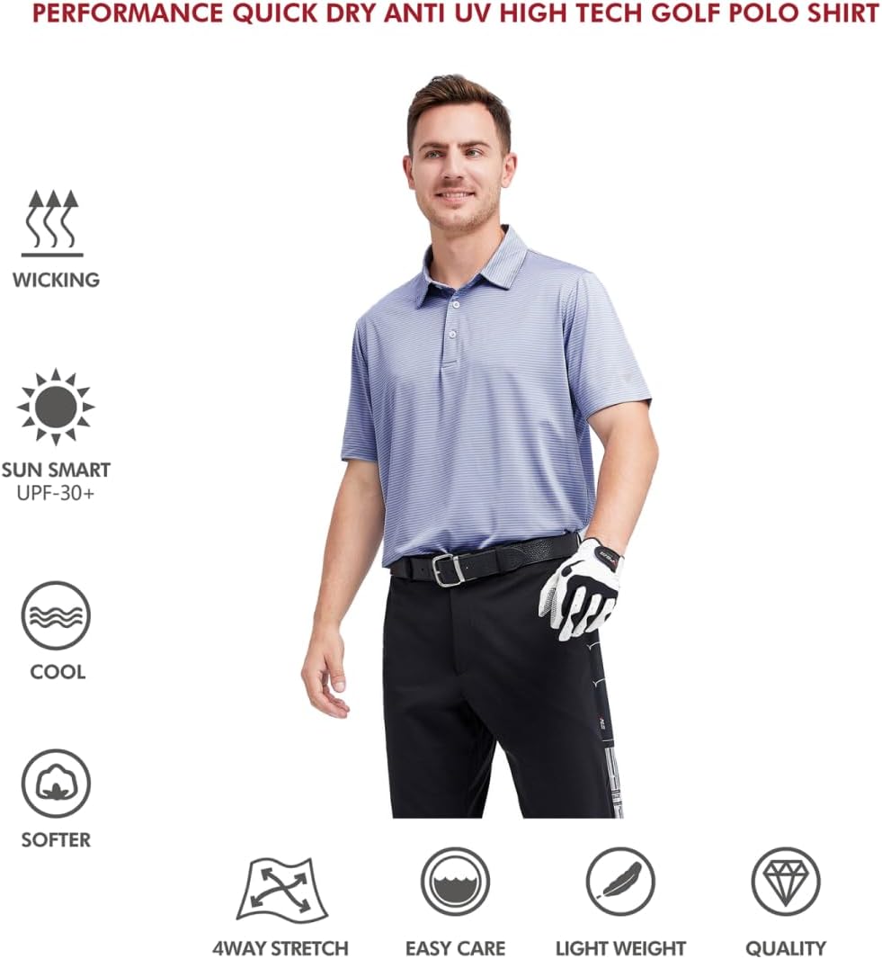 Men's Golf Polo Shirts Short Sleeve Striped Performance Moisture Wicking Dry Fit Golf Shirts for Men