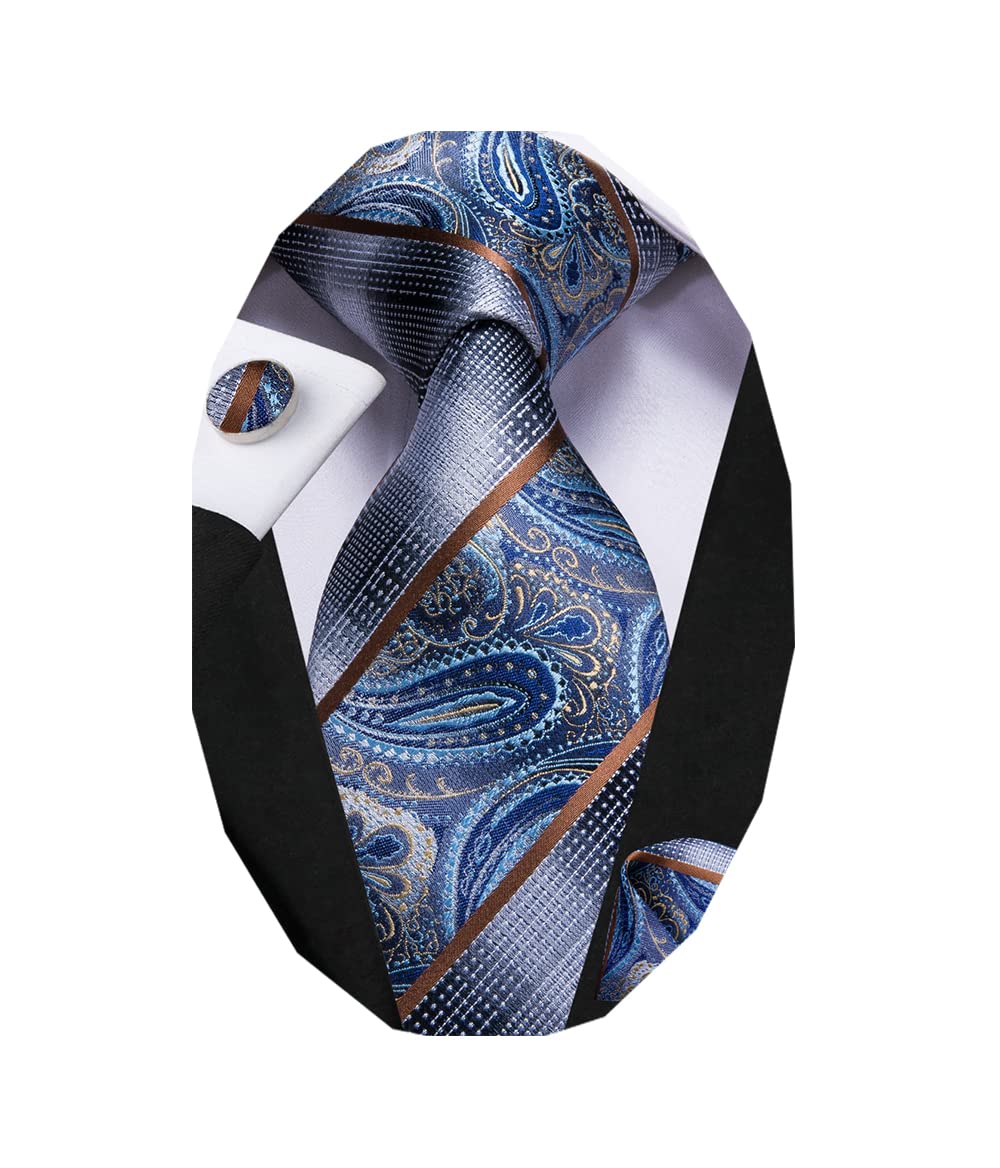 Dubulle Mens Paisley Striped Tie Silk Mens Necktie and PocketSquare Cufflinks Set Wedding Fomral Party