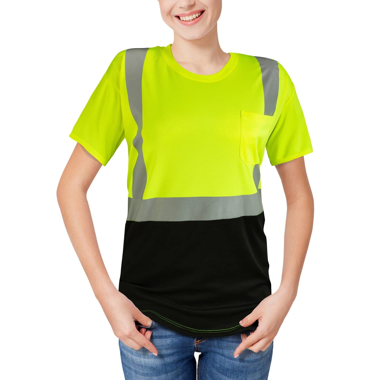 High Visibility Shirts Quick Dry Safety T Shirts with Reflective Strips and Pocket Short Sleeve Mesh Hi Vis Construction Work Class 2 Shirt for Men/Women Black Bottom Lime,Medium