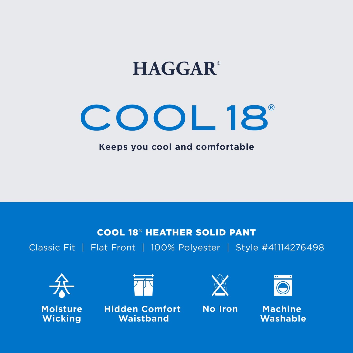 Haggar Mens Cool 18 Classic Fit Flat Front Hidden Expandable Waistband Casual Pant