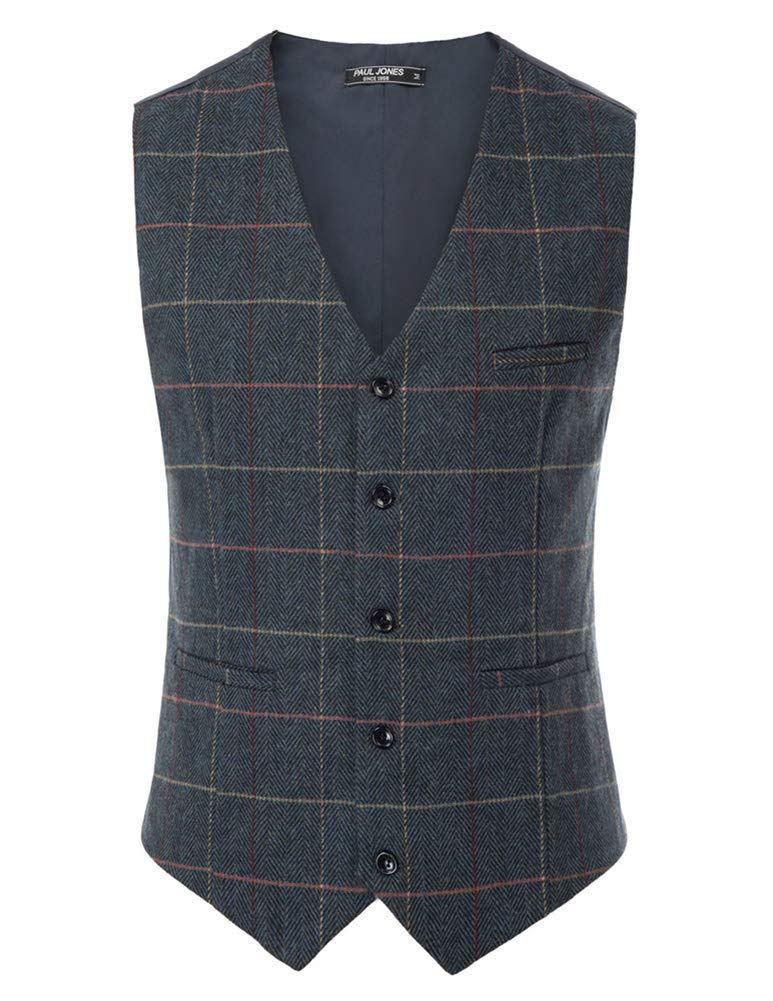 PJ PAUL JONES Men's Herringbone Tweed Suit Vest Casual Wool Blend Waistcoat