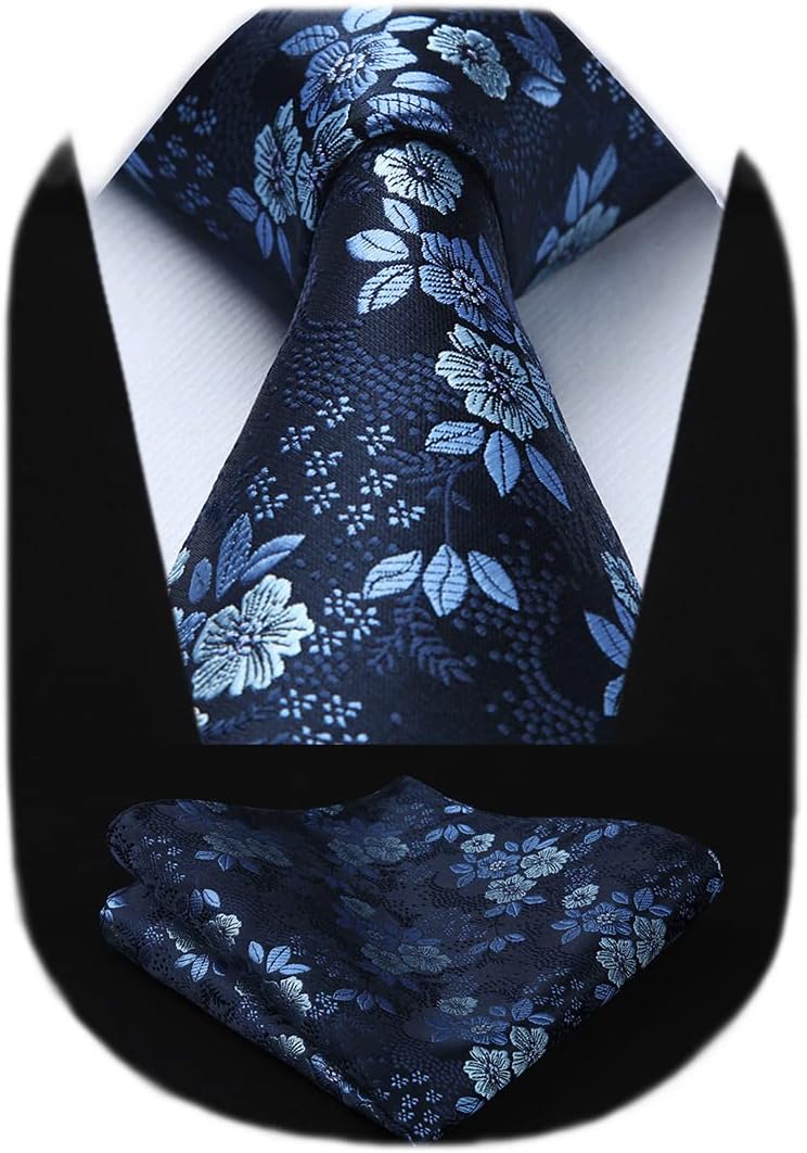 Men Floral Ties Woven Classic 3.4" NeckTie Set Formal Tie Pocket Square for Wedding with Handkerchief