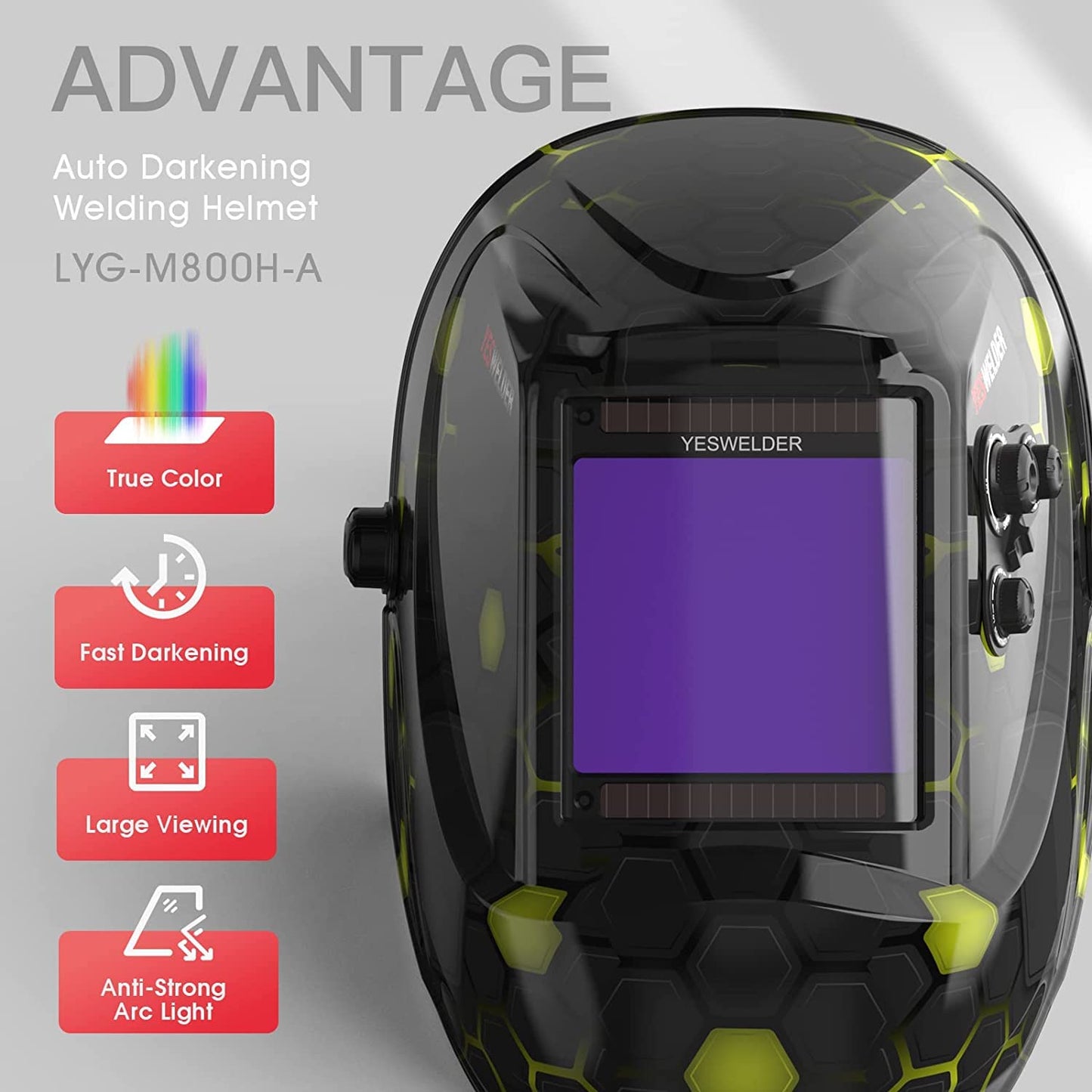 YESWELDER Large Viewing Screen 3.93"X3.66" True Color Solar Power Auto Darkening Welding Helmet, 4 Arc Sensor Wide Shade 4/5-9/9-13 for TIG MIG Arc Weld Grinding Welder Mask LYG-M800H-Q