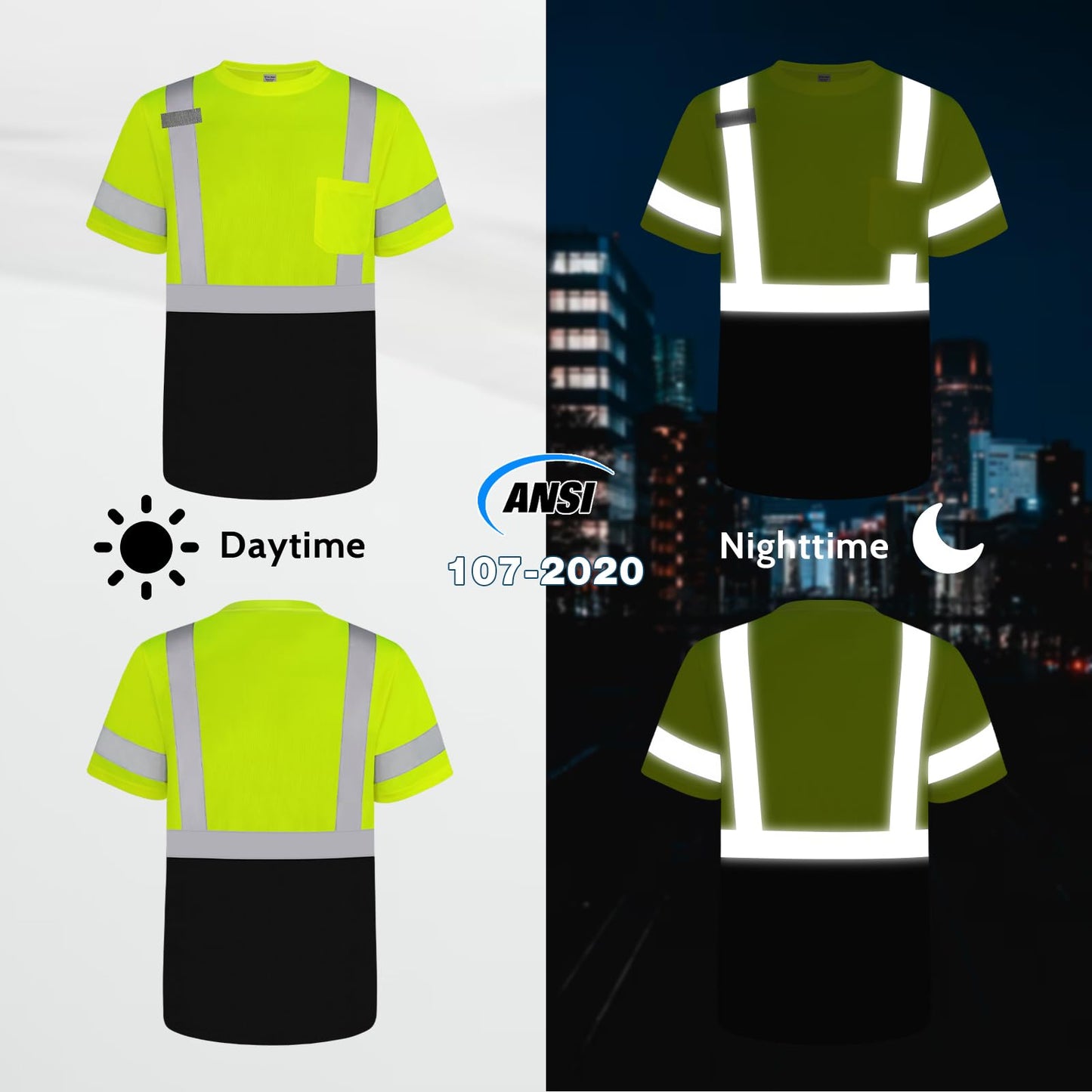 High Visibility Shirts for Men Class 3 Hi Vis Reflective Safety Construction Shirts for Men Women, Short Sleeve Work Shirts with Black Bottom, Meet ANSI, Durable & Breathable, Yellow L