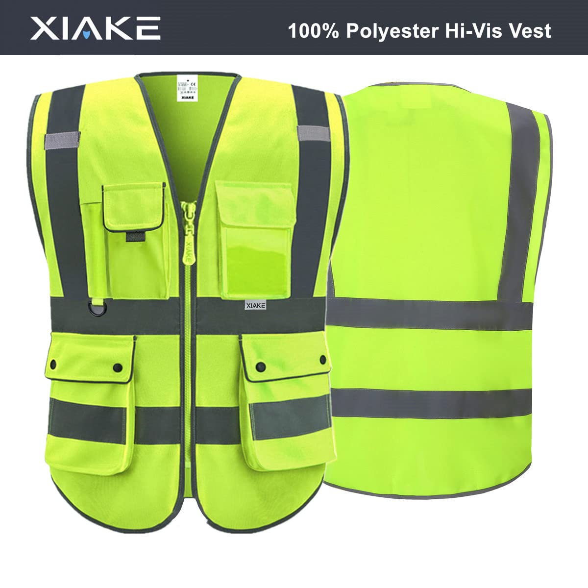 XIAKE Multiple Pockets Class 2 High Visibility Reflective Safety Vest Men Women Work Construction Vest Meets ANSI Standards