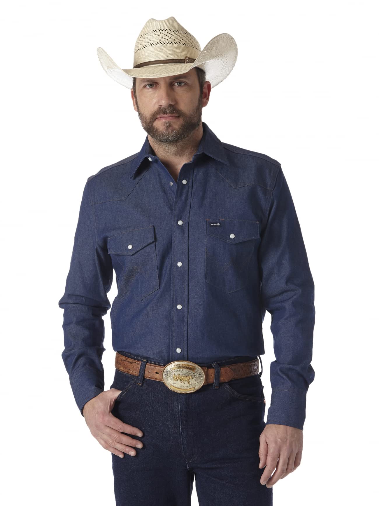 Wrangler Mens Cowboy Cut Firm Finish Long Sleeve Western Snap Solid Work Shirt