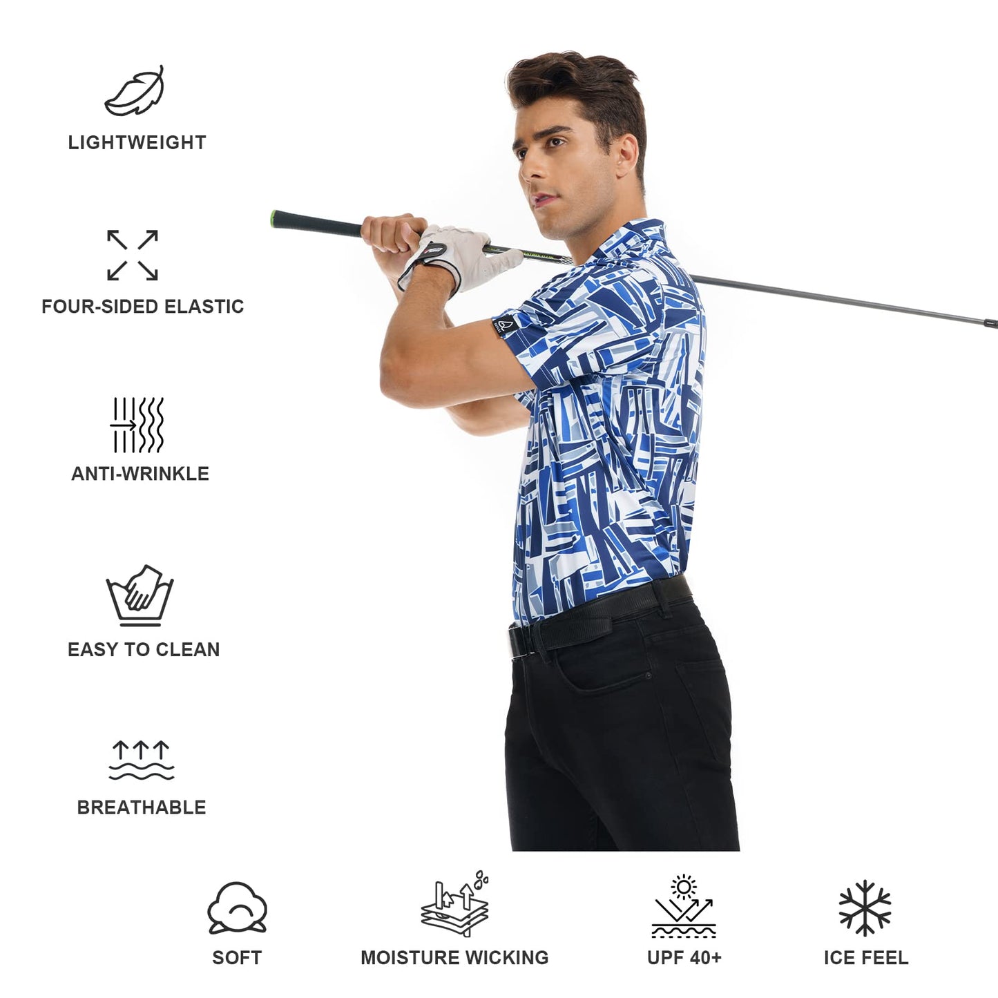 DEOLAX Mens Polo Shirts Performance Moisture Wicking Mens Golf Shirt Fashion Print Dry Fit Golf Shirts Short Sleeve