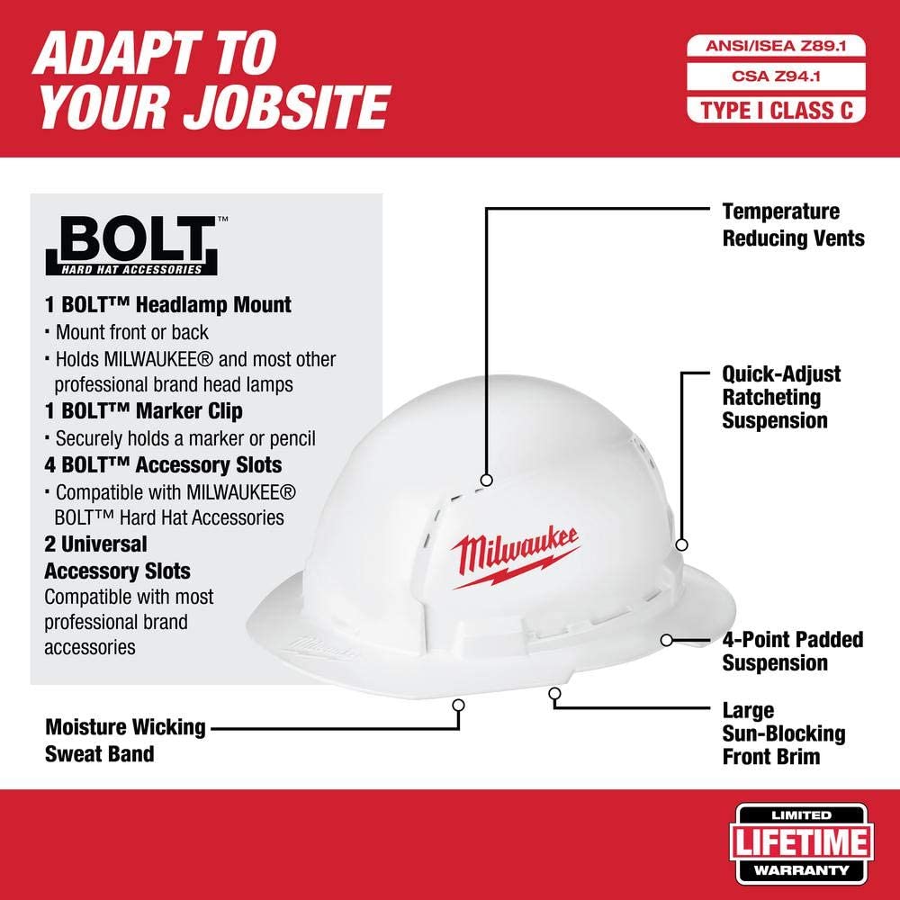 Bolt White Type 1 Class C Full Brim Vented Hard Hat