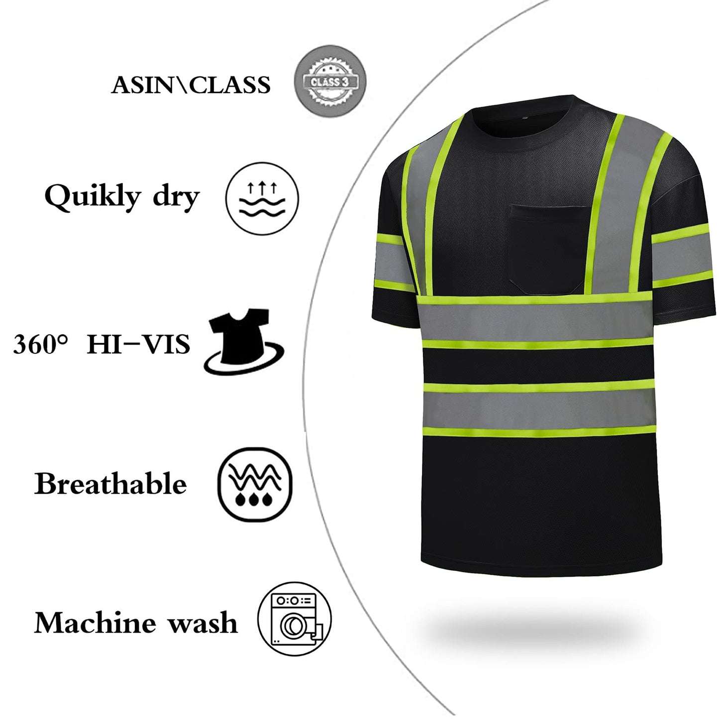 High Visibility Shirts Quick Dry Safety T Shirts with Reflective Strips and Pocket Short Sleeve Mesh Hi Vis Construction Work Class 2 Shirt for Men/Women Black Bottom Lime,Medium