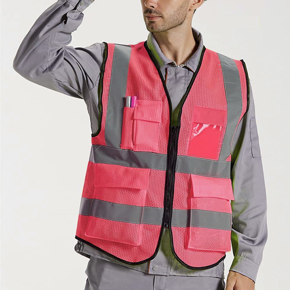 XIAKE Multiple Pockets Class 2 High Visibility Reflective Safety Vest Men Women Work Construction Vest Meets ANSI Standards