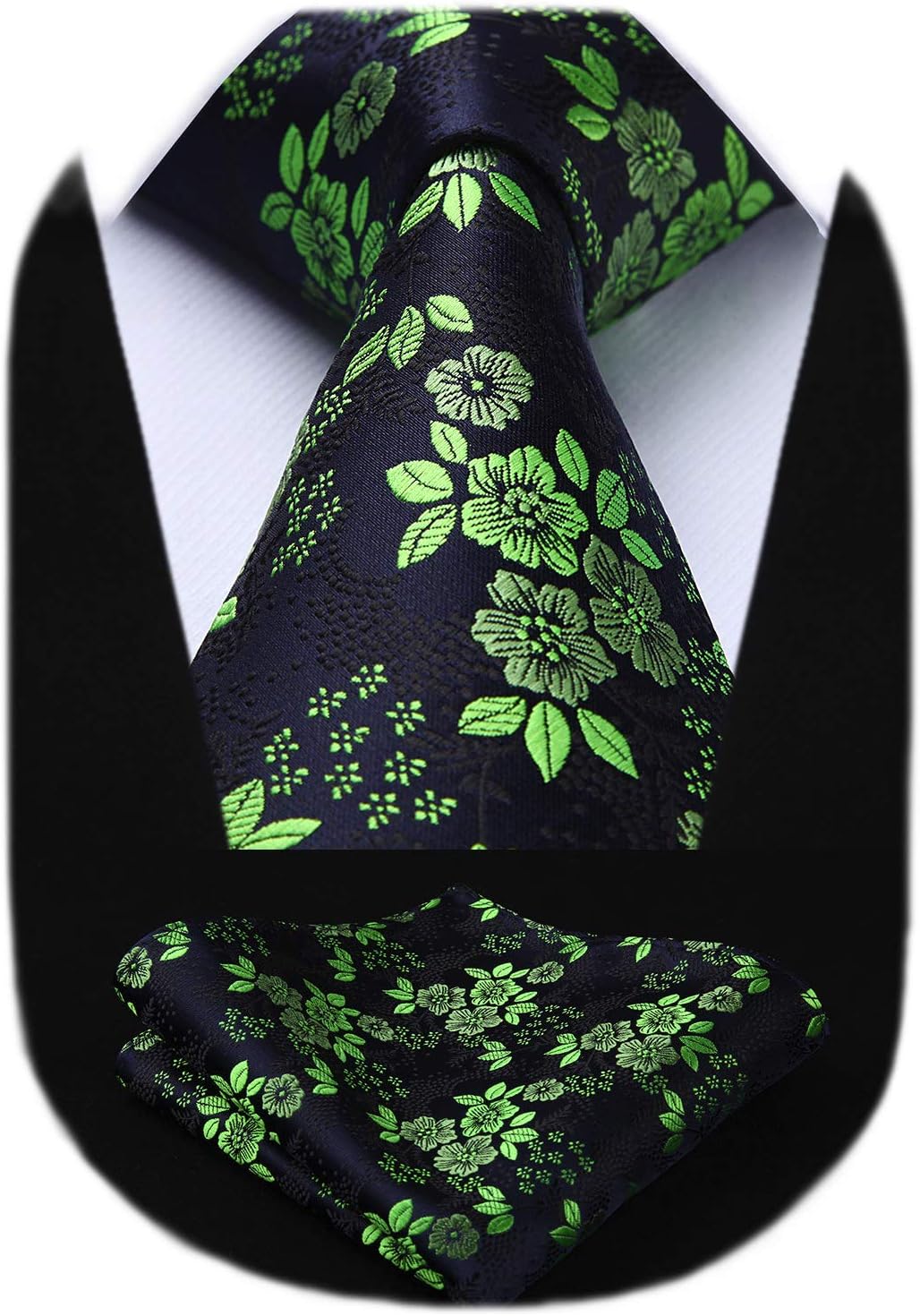 Men Floral Ties Woven Classic 3.4" NeckTie Set Formal Tie Pocket Square for Wedding with Handkerchief