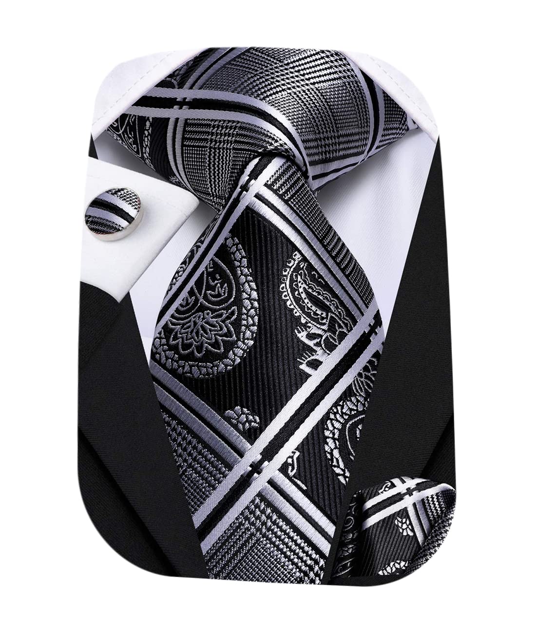 Hi-Tie Mens Plaid Ties Classic Paisley Necktie with Handkerchief Cufflinks Set Business Stripe Tie