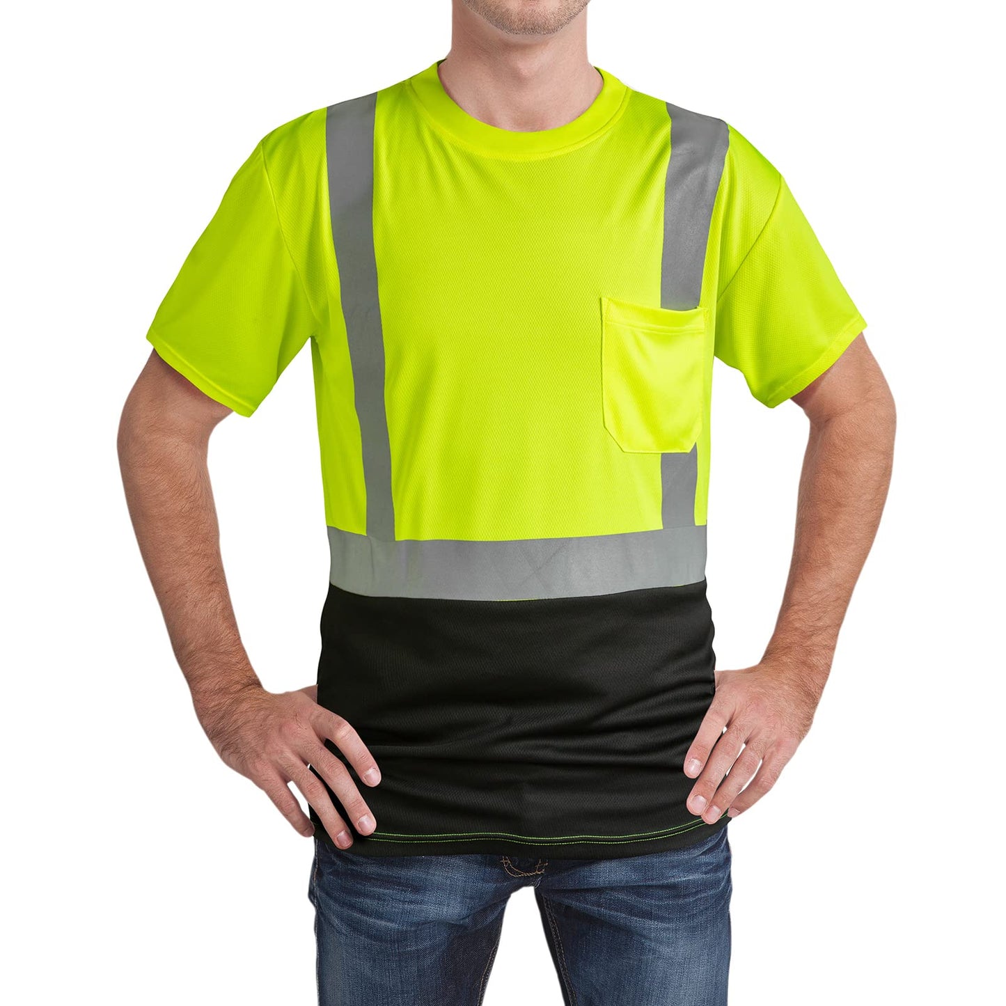 High Visibility Shirts Quick Dry Safety T Shirts with Reflective Strips and Pocket Short Sleeve Mesh Hi Vis Construction Work Class 2 Shirt for Men/Women Black Bottom Lime,Medium