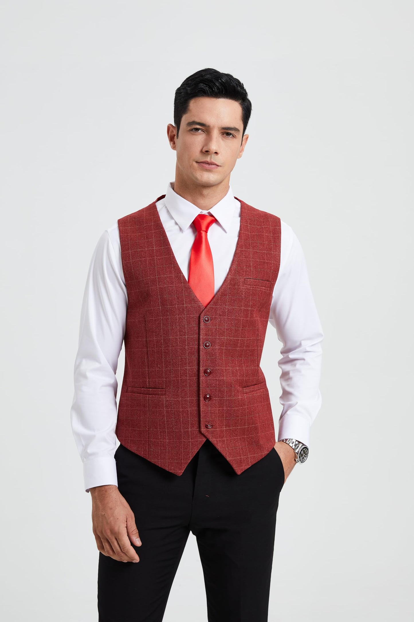 HISDERN Men's Suit Vest Plaid Dress Vest for Men Slim Fit Formal Business Waistcoat Tuxedo V-Ncek Solid Vest for Wedding