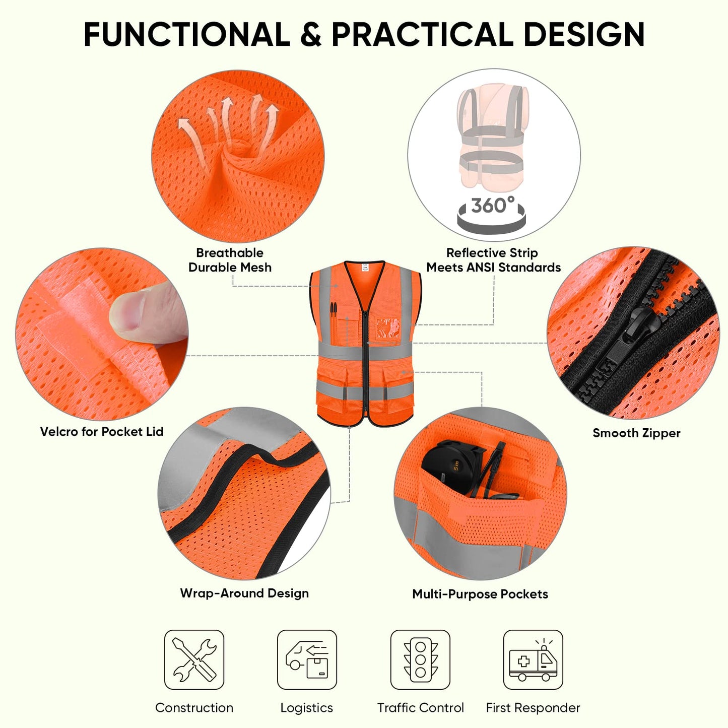 TICONN Reflective Safety Vest High Visibility Class II Mesh Vest for Women & Men Meets ANSI Standards