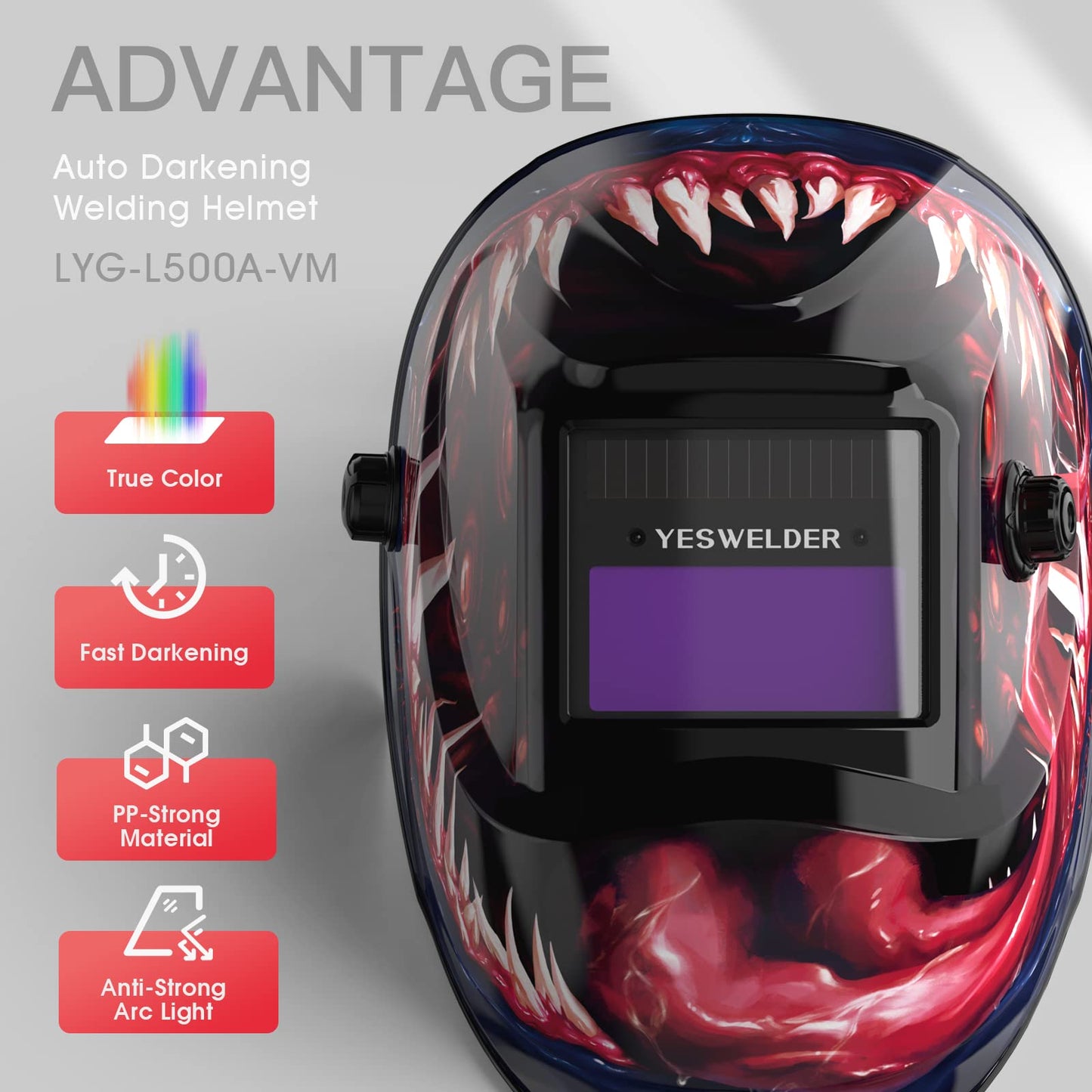 YESWELDER True Color Solar Powered Auto Darkening Welding Helmet, Wide Shade 4/9-13 for TIG MIG ARC Weld Hood Helmet LYG-L500A-VM