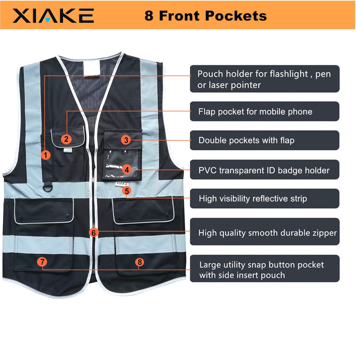 XIAKE Multiple Pockets Class 2 High Visibility Reflective Safety Vest Men Women Work Construction Vest Meets ANSI Standards