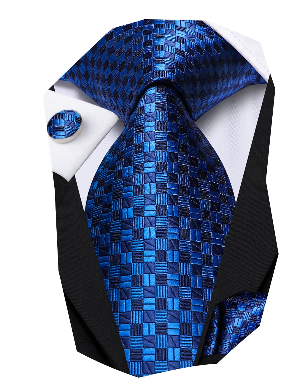 Hi-Tie Mens Plaid Ties Classic Paisley Necktie with Handkerchief Cufflinks Set Business Stripe Tie