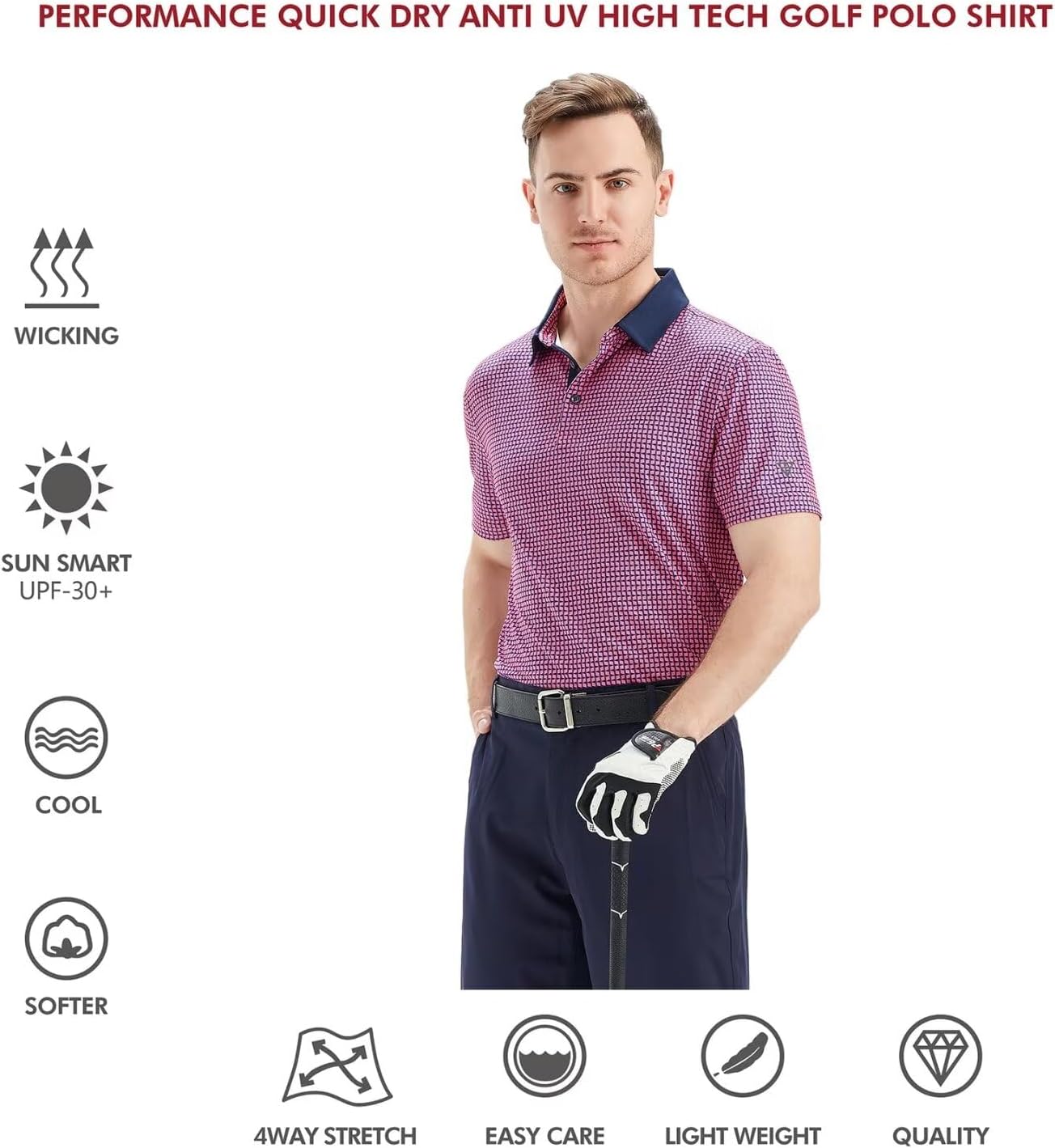 Men's Golf Polo Shirts Short Sleeve Striped Performance Moisture Wicking Dry Fit Golf Shirts for Men