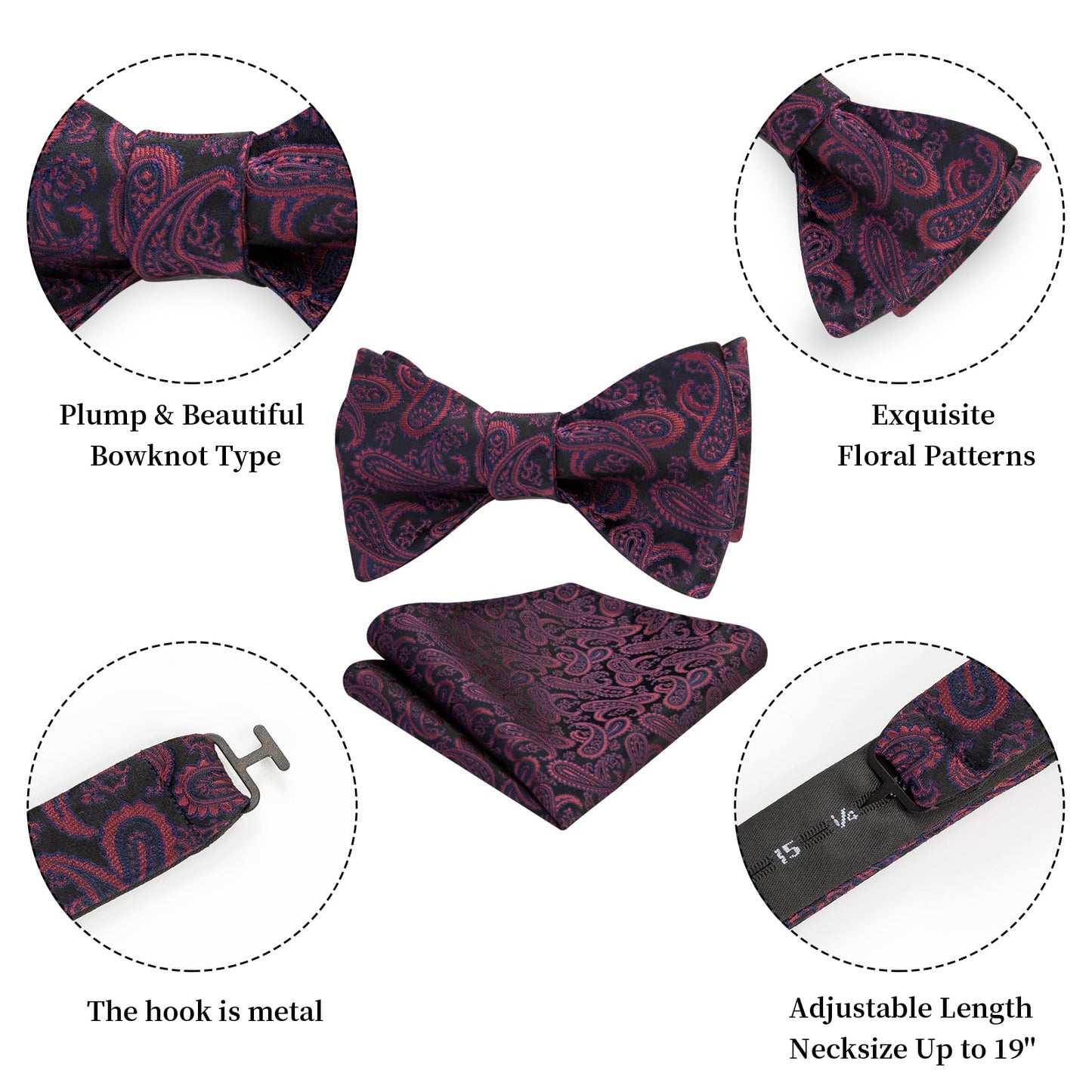 HISDERN Bow Ties for Men Paisley Bowties Mens Self Tie Bow Tie and Pocket Square Set Formal Tuxedo Wedding Bowtie