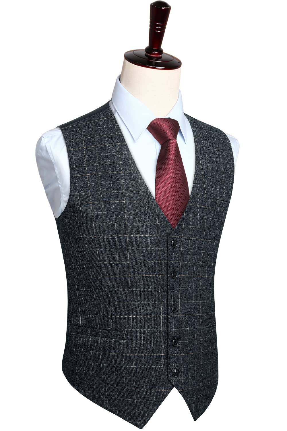 HISDERN Men's Suit Vest Plaid Dress Vest for Men Slim Fit Formal Business Waistcoat Tuxedo V-Ncek Solid Vest for Wedding