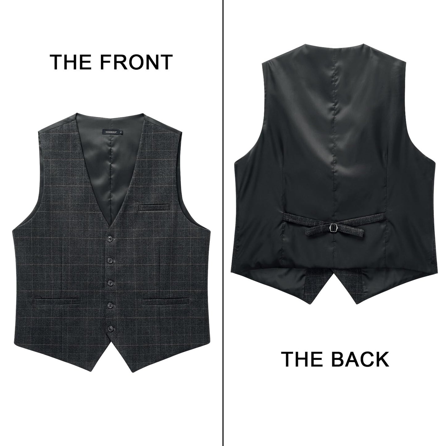 HISDERN Men's Suit Vest Plaid Dress Vest for Men Slim Fit Formal Business Waistcoat Tuxedo V-Ncek Solid Vest for Wedding