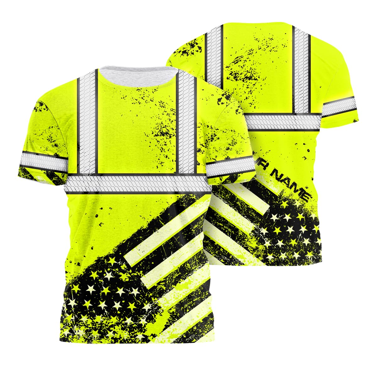 Color US Flag Skull High Visibility Shirt for Men Custom Name Safety Shirts Workwear for Patriotic, Runners