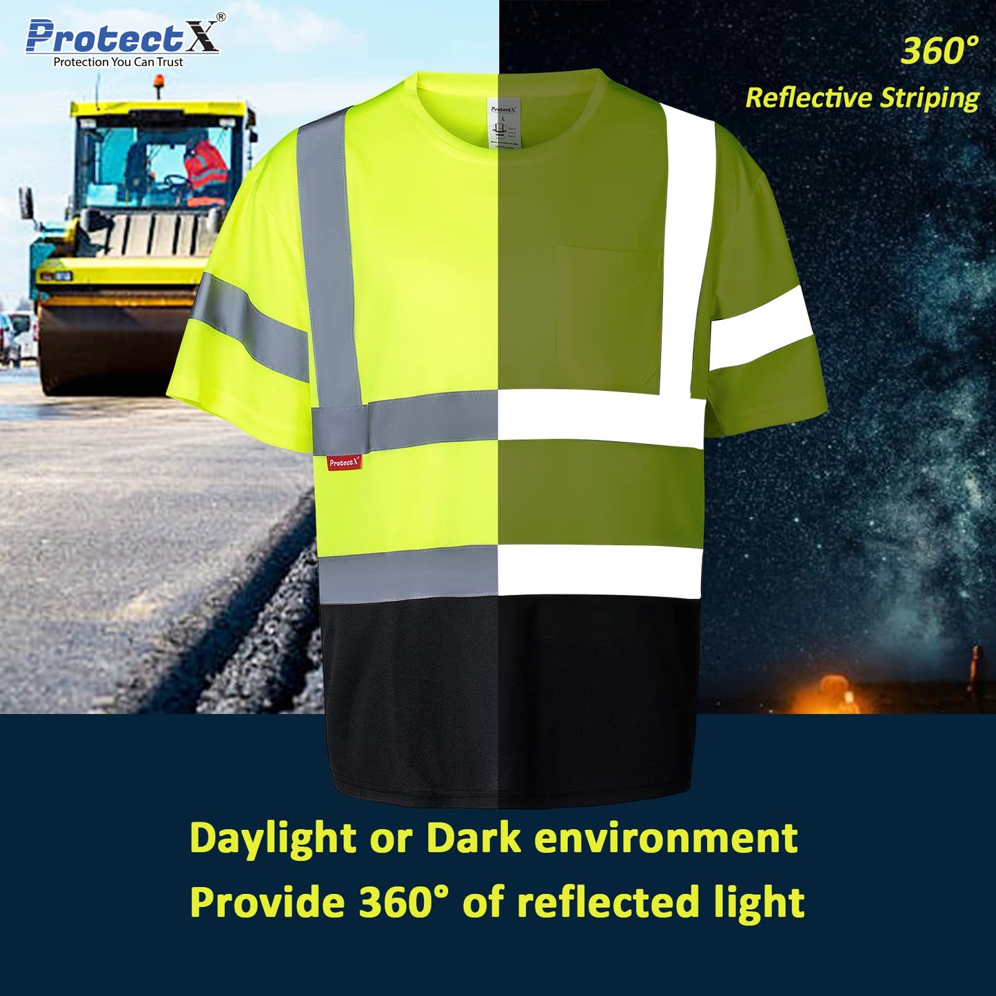 ProtectX High Visibility Short Sleeve Reflective Safety T-Shirt, Men's Heavy Duty Breathable Hi Vis Shirts, Class 2 Type R