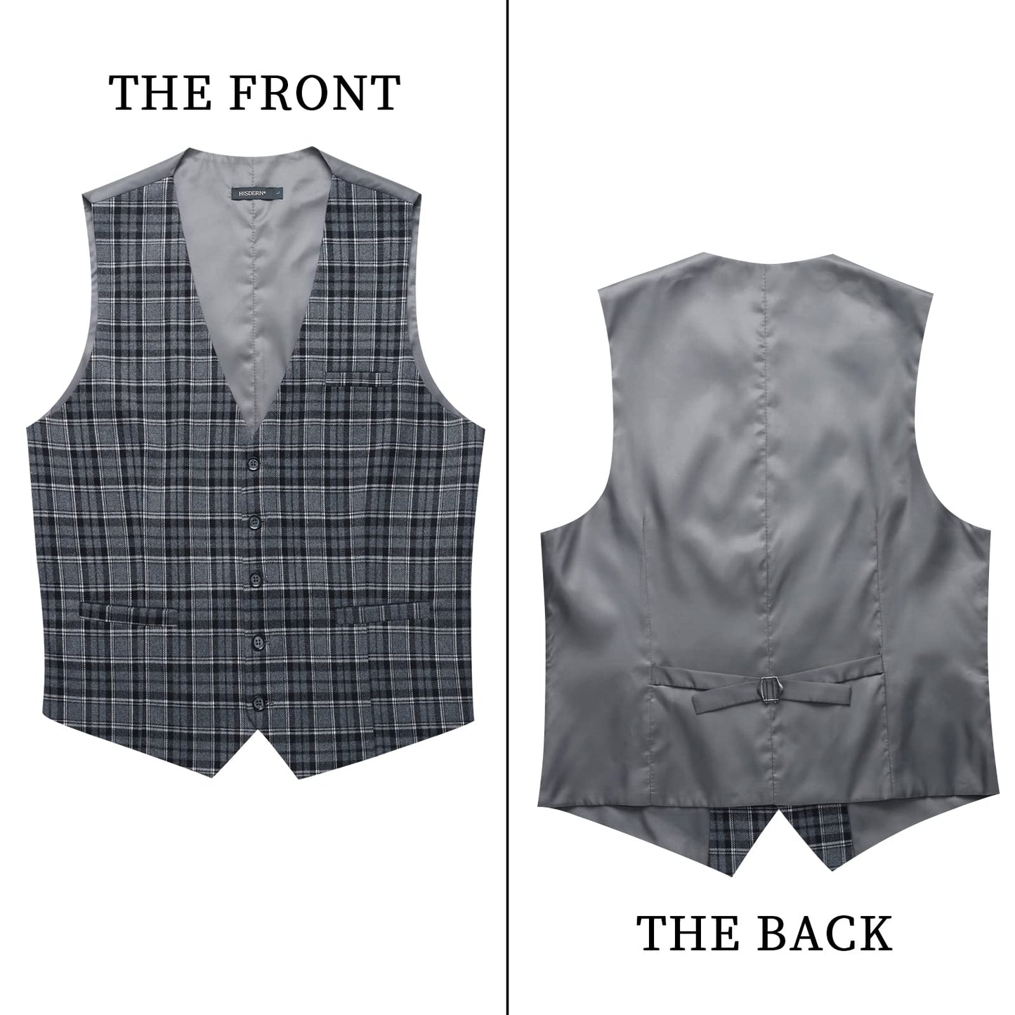 HISDERN Men's Suit Vest Plaid Dress Vest for Men Slim Fit Formal Business Waistcoat Tuxedo V-Ncek Solid Vest for Wedding