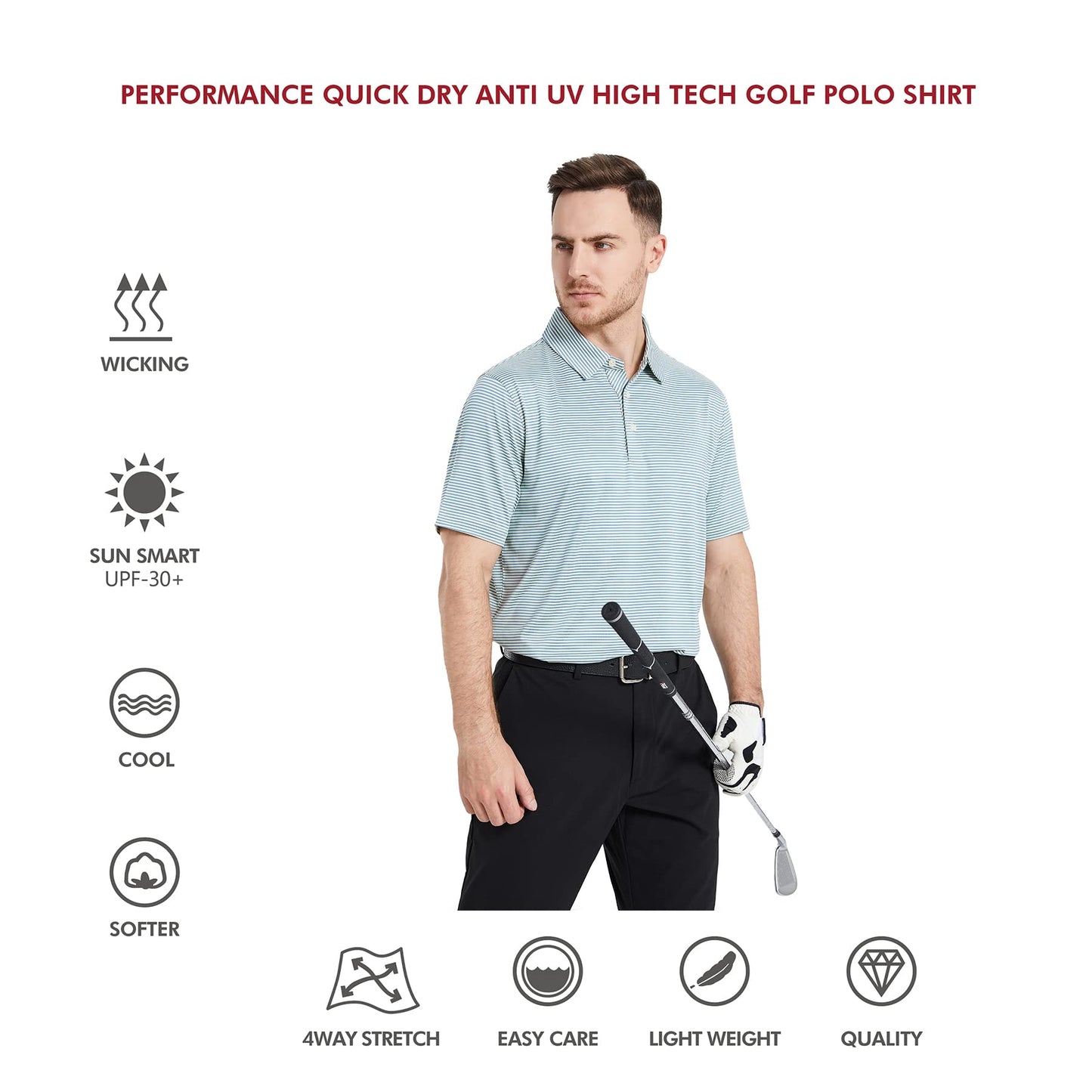 Men's Golf Polo Shirts Short Sleeve Striped Performance Moisture Wicking Dry Fit Golf Shirts for Men