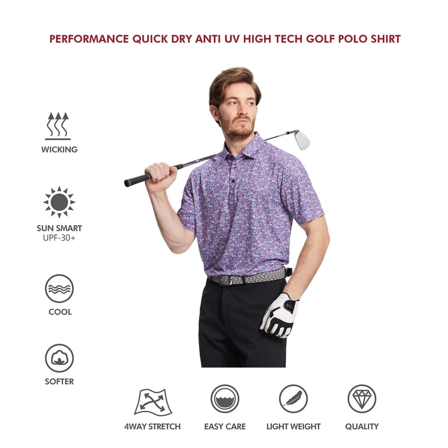 Men's Golf Polo Shirts Short Sleeve Striped Performance Moisture Wicking Dry Fit Golf Shirts for Men